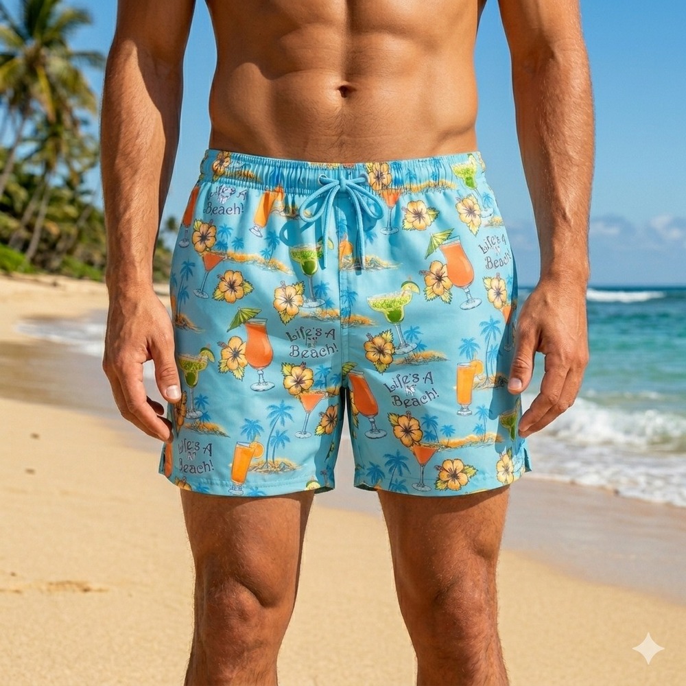 VTG 90s Big Dogs Swim Trunks Mens L Lifes A Beach Tropical Drinks Hibiscus